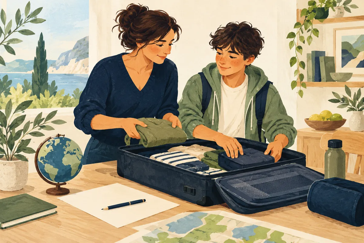 Un parent et son enfant préparent les documents et les bagages du voyage